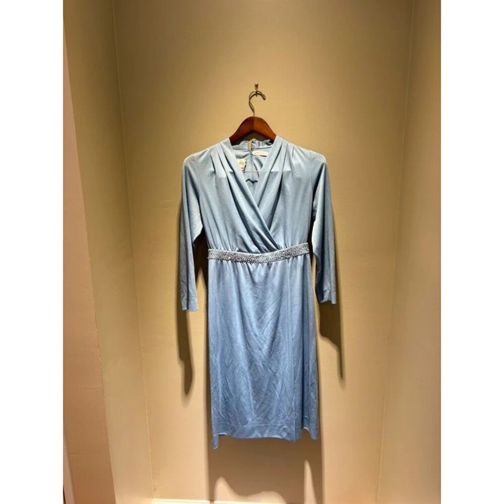 Vintage Umba for Parnes Feinstein Dusty Blue Wrap Dress - Beaded Waist